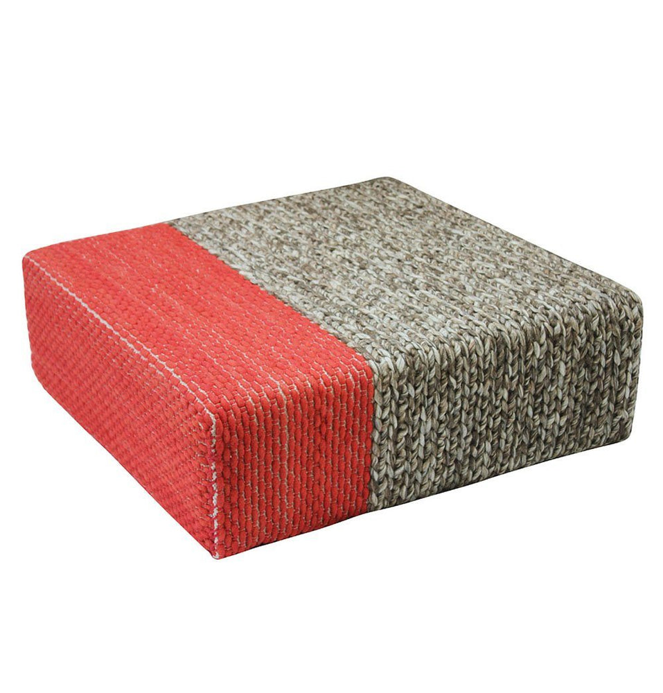 Ira - Handmade Wool Braided Square Pouf | Natural/Living Coral | 90x90x30cm
